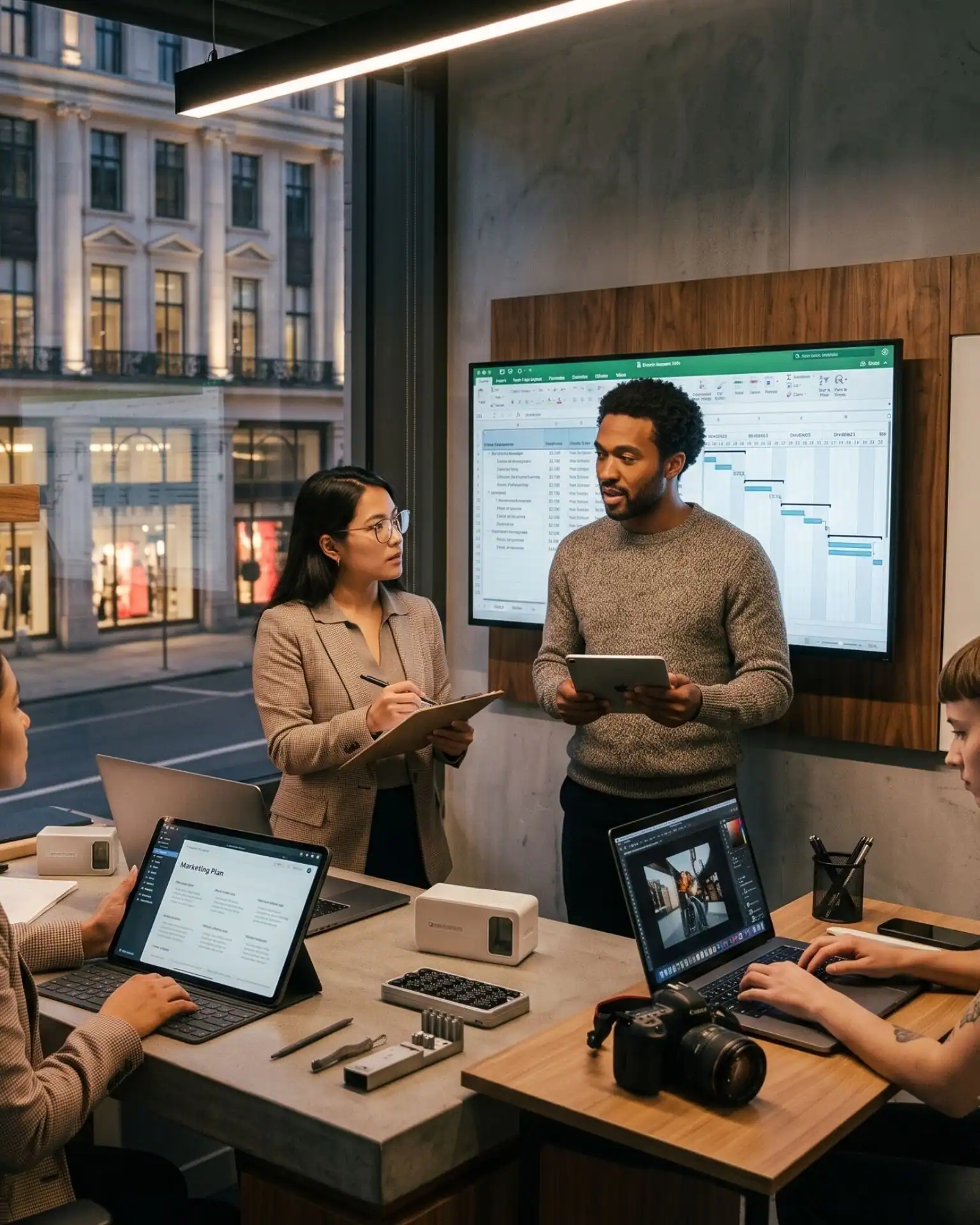 A dynamic team collaborating effectively inside a perfectly optimized compact workspace in a premium location, shown as an ADYALTY design proposal visualization
