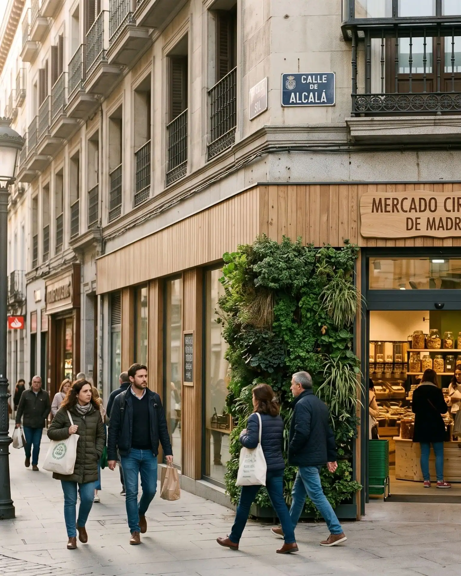Digital staging of an older Madrid storefront transformed into a high-yield, eco-friendly retail premise
